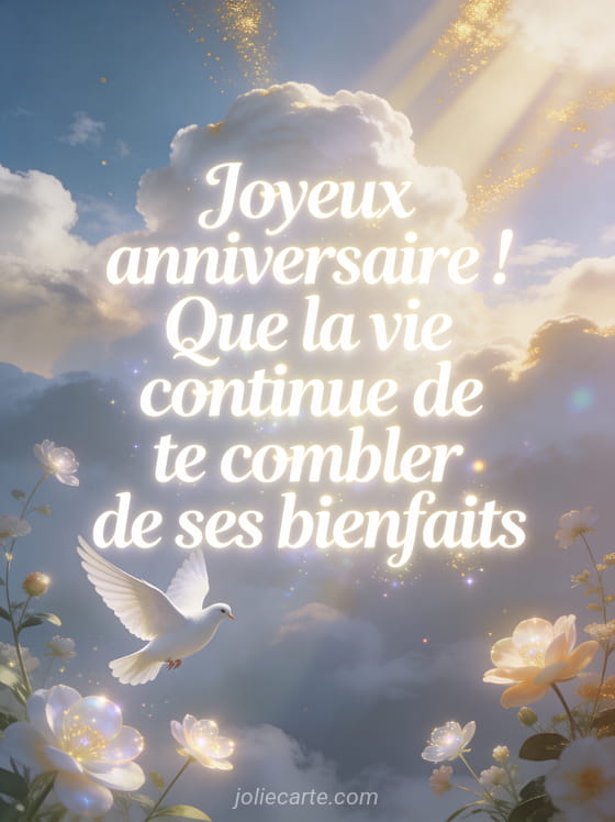 Rayon de lumière dorée traversant des nuages majestueux avec une colombe blanche en vol et fleurs lumineuses avec le texte Joyeux anniversaire