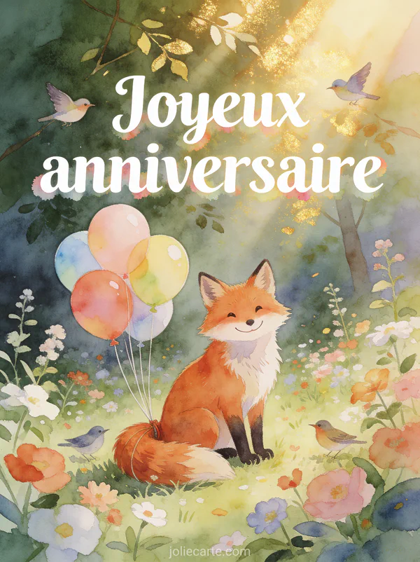 Renard roux souriant assis dans une clairière fleurie avec ballons colorés attachés à sa queue et oiseaux chantant