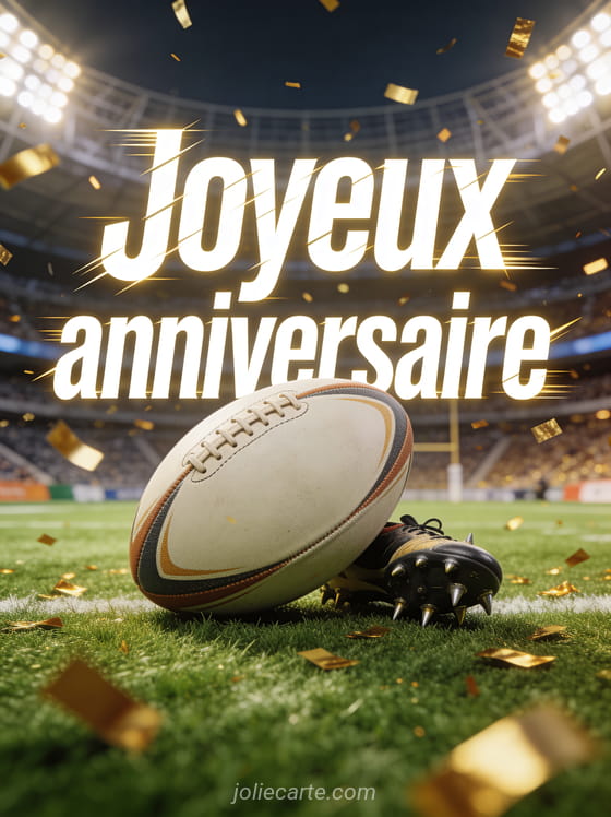 Ballon de rugby ovale sur pelouse verte avec crampons confettis dorés et stade illuminé en fond avec le texte Joyeux anniversaire
