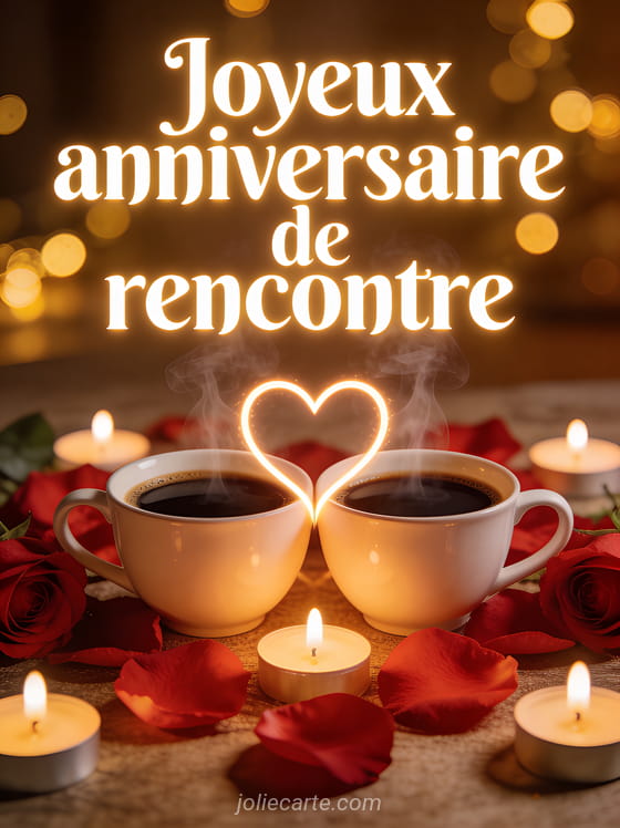 Deux tasses de café côte à côte avec vapeur formant un coeur pétales de roses rouges et bougies sur fond de lumières bokeh dorées avec le texte Joyeux anniversaire de rencontre