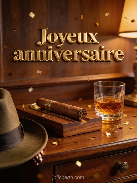 Bureau en bois noble avec cigare, verre de whisky ambré et chapeau élégant avec confettis dorés discrets