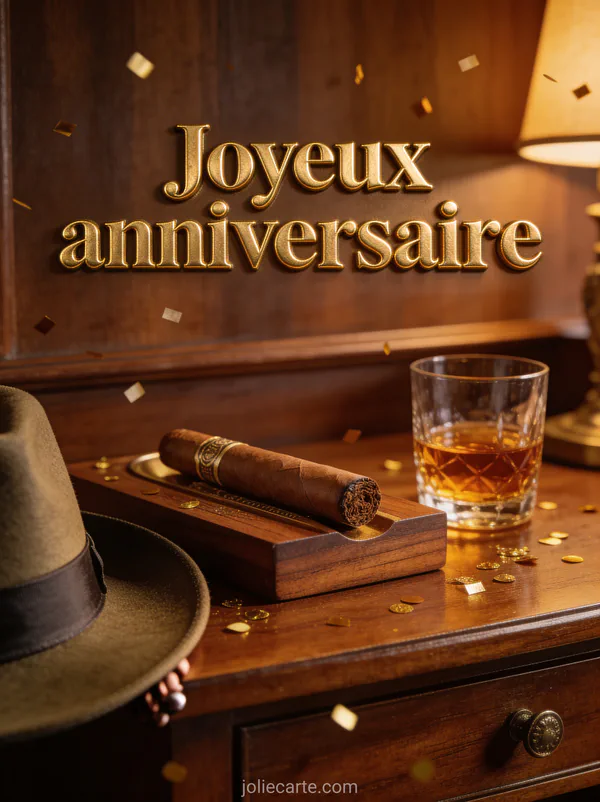 Bureau en bois noble avec cigare, verre de whisky ambré et chapeau élégant avec confettis dorés discrets