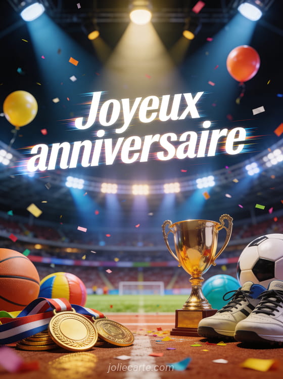 Composition sportive avec médailles dorées trophée baskets ballons colorés et confettis sur fond de stade avec projecteurs avec le texte Joyeux anniversaire