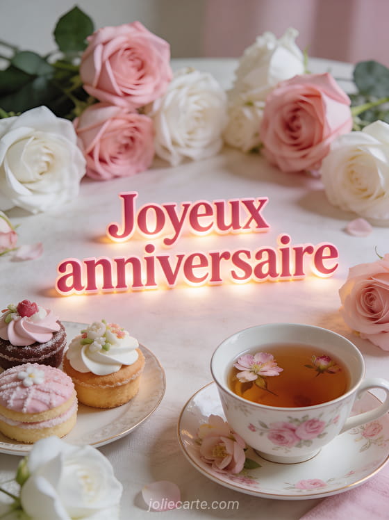 Le texte Joyeux anniversaire en lettres roses avec des roses roses et blanches, petits gâteaux décorés et tasse de thé fleurie