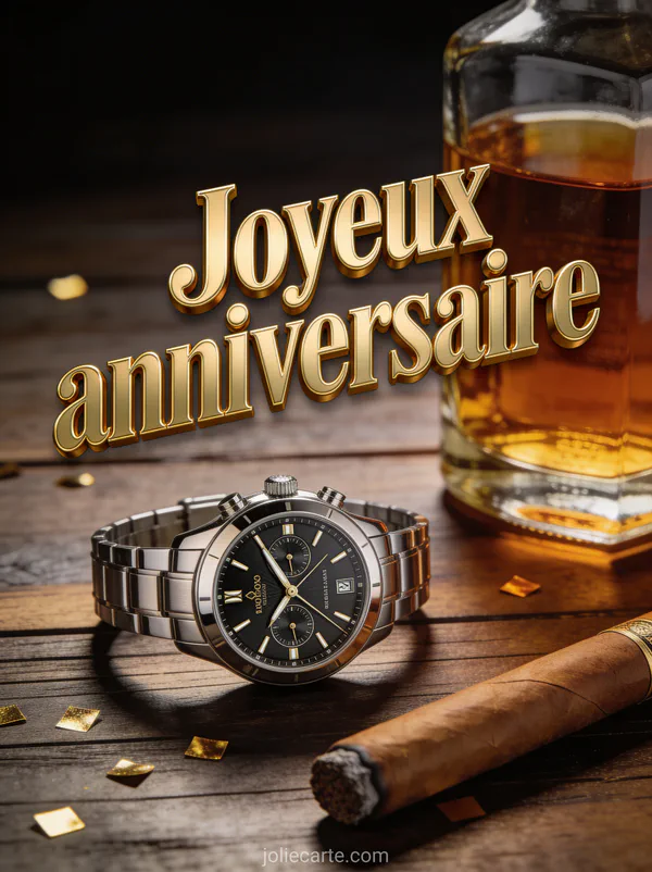 Le texte Joyeux anniversaire en lettres dorées en relief avec une montre de luxe sur bois sombre, bouteille de whisky et cigare