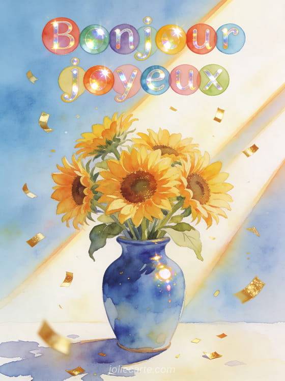 Bouquet de tournesols éclatants dans un vase en céramique bleue avec des confettis dorés et le texte Bonjour joyeux en lettres rondes colorées