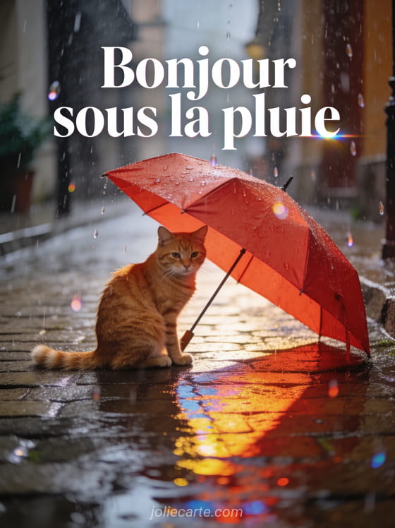 Chat roux assis sous un parapluie rouge vif dans une rue pavée avec des gouttes de pluie scintillantes et le texte Bonjour sous la pluie