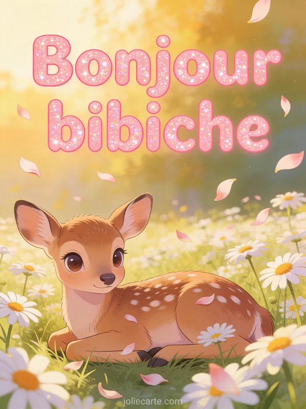 Petit faon aux grands yeux doux couché dans un champ de marguerites avec le texte Bonjour bibiche en lettres roses arrondiées