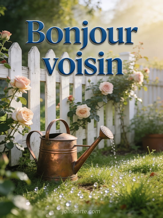 Clôture de jardin en bois blanc avec des roses grimpantes et un arrosoir en cuivre dans la lumière du matin avec le texte Bonjour voisin