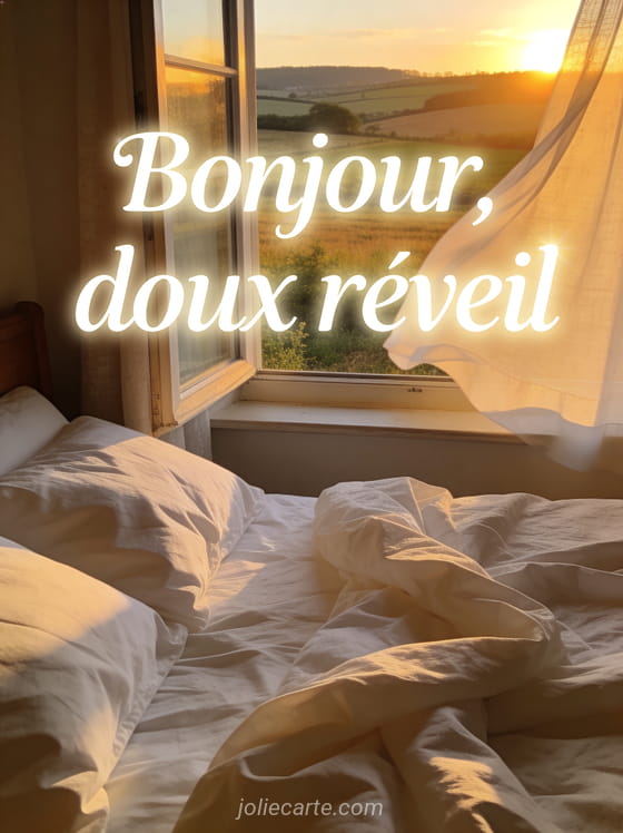Lit douillet avec des draps blancs près d'une fenêtre ouverte sur un paysage de campagne au lever du soleil avec le texte Bonjour doux réveil