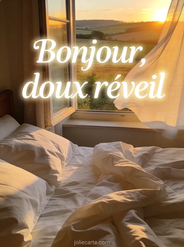 Lit douillet avec des draps blancs près d'une fenêtre ouverte sur un paysage de campagne au lever du soleil avec le texte Bonjour doux réveil