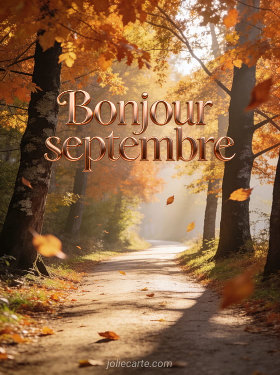 Chemin bordé d'arbres aux feuilles dorées et orangées en automne avec la lumière du matin et le texte Bonjour septembre en lettres cuivrées