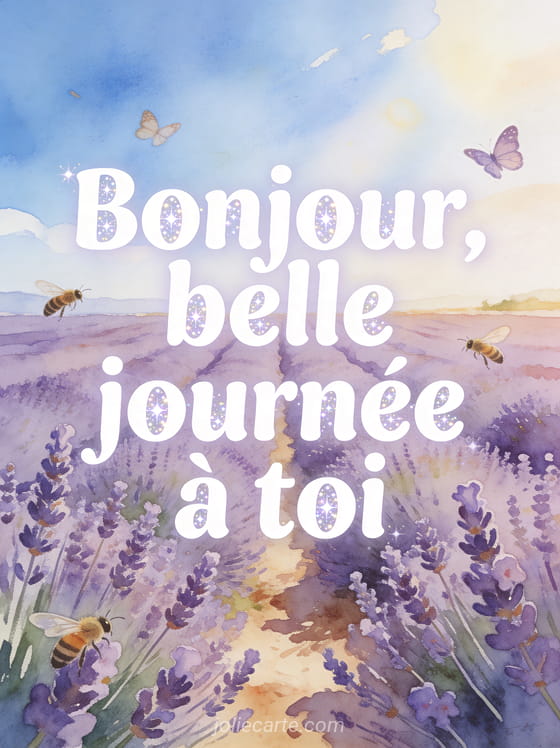 Champ de lavande en fleurs sous un ciel bleu lumineux avec des papillons et le texte Bonjour belle journée à toi en lettres blanches
