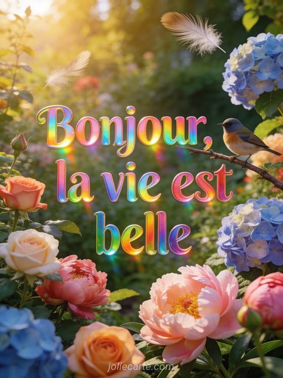 Jardin fleuri luxuriant avec des roses pivoines et hortensias et un petit oiseau sur une branche dans la lumière dorée du matin avec le texte Bonjour la vie est belle