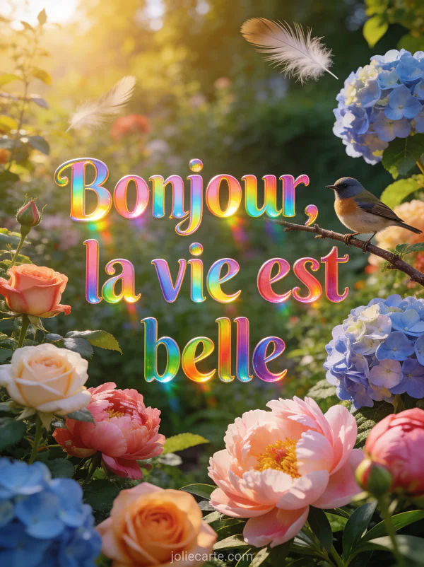 Jardin fleuri luxuriant avec des roses pivoines et hortensias et un petit oiseau sur une branche dans la lumière dorée du matin avec le texte Bonjour la vie est belle