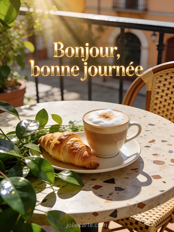 Terrasse de café ensoleillée avec une tasse de cappuccino et un croissant dans la lumière matinale avec le texte Bonjour bonne journée