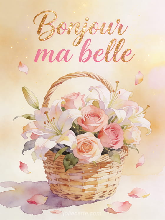 Arrangement de roses et de lys dans un panier tressé avec des pétales éparpillés et le texte Bonjour ma belle en lettres cursives roses