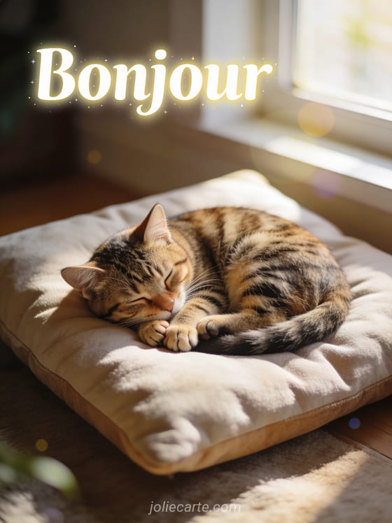 Chat tigré mignon endormi en boule sur un coussin moelleux dans la lumière du matin avec le texte Bonjour