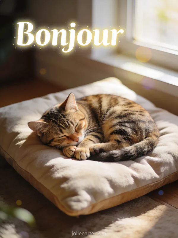 Chat tigré mignon endormi en boule sur un coussin moelleux dans la lumière du matin avec le texte Bonjour