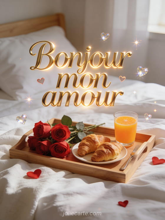 Petit déjeuner romantique sur un plateau en bois avec des roses rouges des croissants et du jus d'orange avec le texte Bonjour mon amour