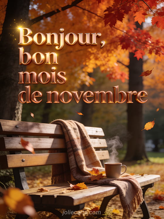 Paysage automnal avec des arbres aux feuilles orangées et rouges un banc en bois avec un plaid et une tasse fumante avec le texte Bonjour bon mois de novembre
