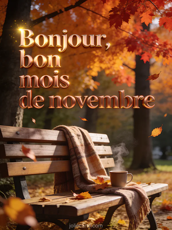 Paysage automnal avec des arbres aux feuilles orangées et rouges un banc en bois avec un plaid et une tasse fumante avec le texte Bonjour bon mois de novembre
