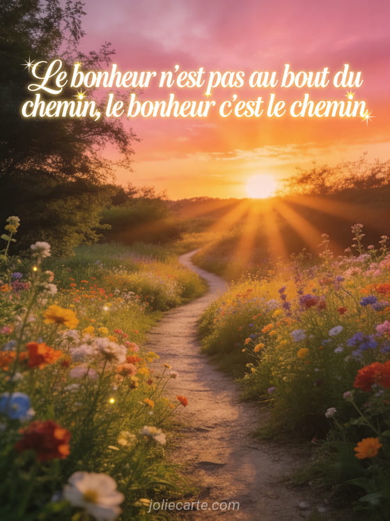 Sentier fleuri serpentant à travers une prairie colorée au lever du soleil avec des coquelicots et la citation Le bonheur c'est le chemin