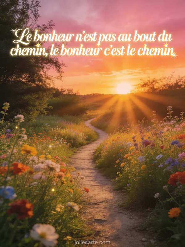 Sentier fleuri serpentant à travers une prairie colorée au lever du soleil avec des coquelicots et la citation Le bonheur c'est le chemin