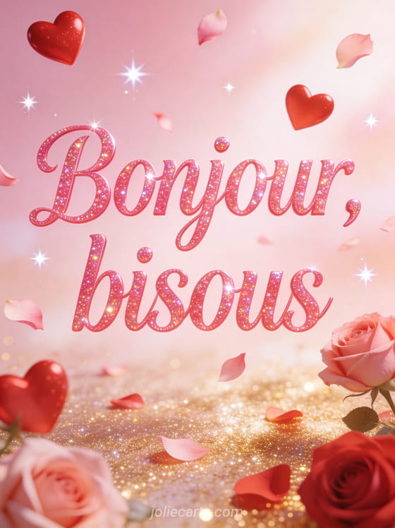 Coeurs rouges et roses flottant avec des pétales de roses éparpillés et des étoiles scintillantes avec le texte Bonjour bisous