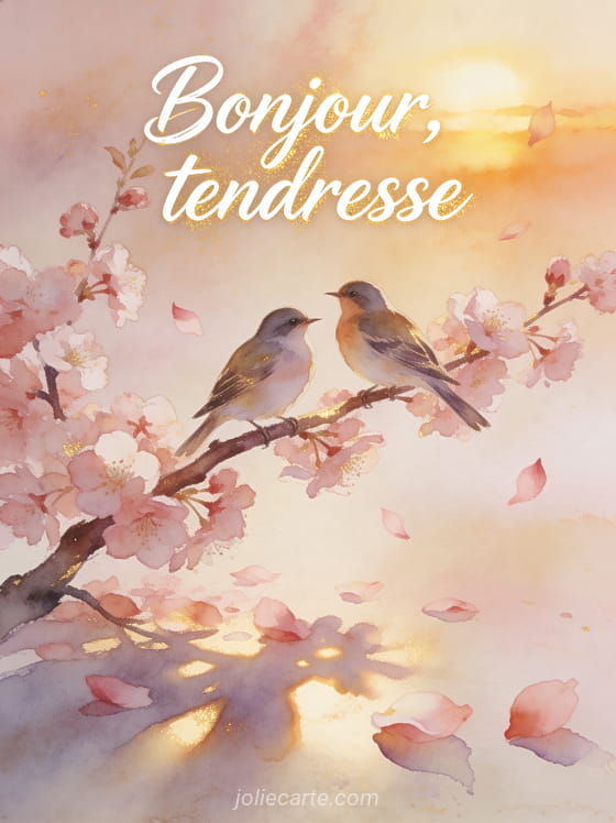 Deux oiseaux posés sur une branche fleurie de cerisier au lever du soleil avec des pétales roses et le texte Bonjour tendresse