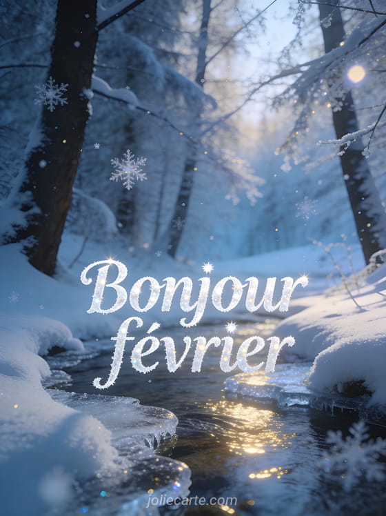 Paysage d'hiver avec des arbres enneigés et un petit ruisseau gelé dans la lumière matinale avec des flocons scintillants et le texte Bonjour février