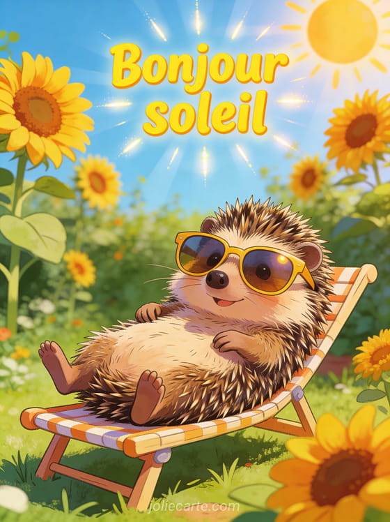 Hérisson portant des lunettes de soleil surdimensionnées allongé sur une chaise longue miniature dans un jardin avec des tournesols et le texte Bonjour soleil