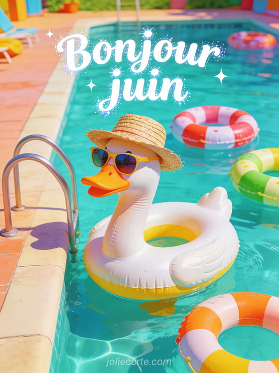 Canard en plastique géant portant un chapeau de paille et des lunettes de soleil au bord d'une piscine turquoise avec des bouées colorées et le texte Bonjour juin