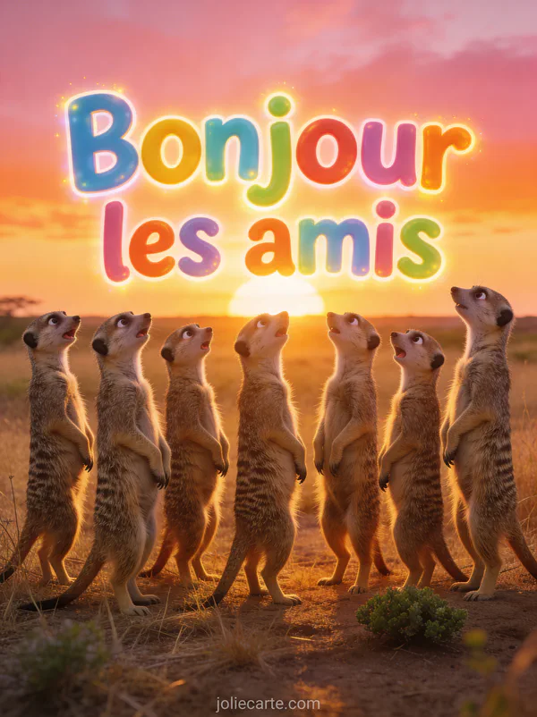 Groupe de suricates debout côte à côte regardant le lever du soleil dans la savane avec des expressions curieuses et le texte Bonjour les amis