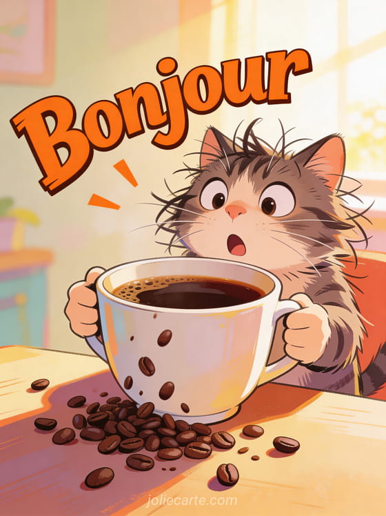 Chat ébouriffé avec une expression surprise tenant une tasse de café trop grande avec des grains de café éparpillés et le texte Bonjour
