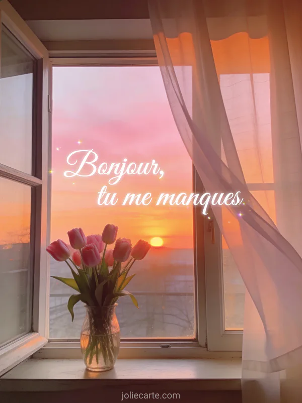 Fenêtre ouverte avec des rideaux légers et un vase de tulipes roses sur le rebord devant un coucher de soleil rose avec le texte Bonjour tu me manques