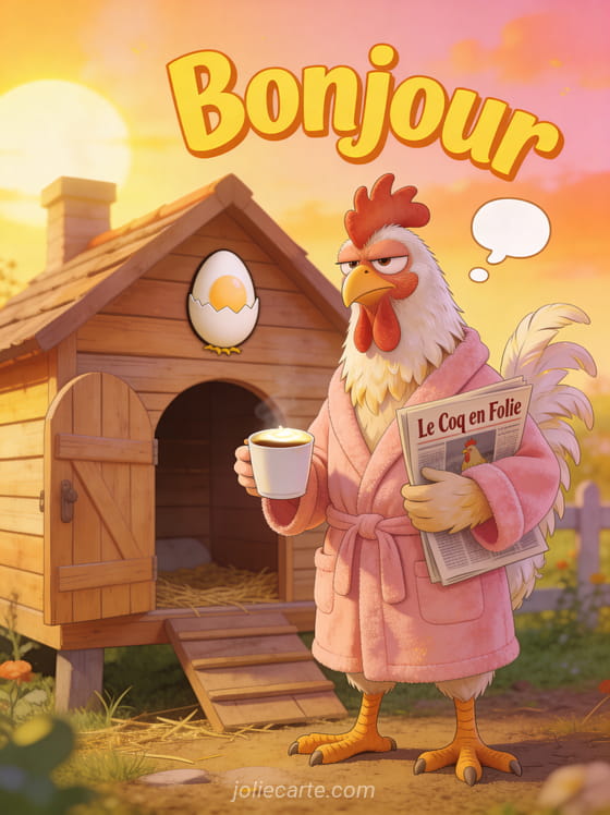 Coq en peignoir avec une tasse de café et un journal sous le bras debout devant un poulailler au lever du soleil avec le texte Bonjour