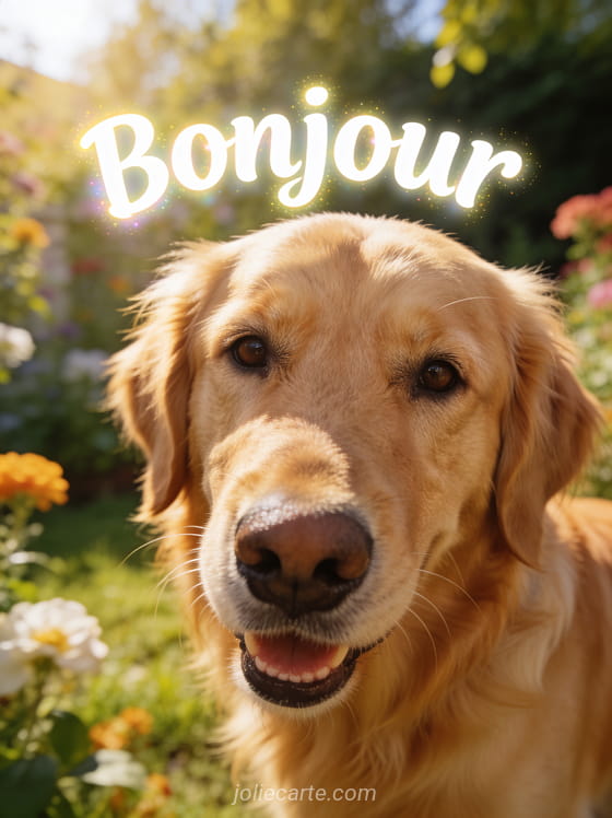 Golden retriever souriant regardant la caméra avec la tête penchée dans un jardin ensoleillé avec des fleurs et le texte Bonjour