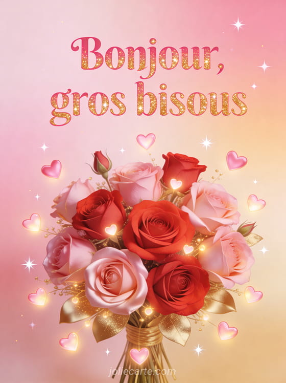 Bouquet de roses rouges et roses avec des petits coeurs lumineux et des étoiles scintillantes avec le texte Bonjour gros bisous