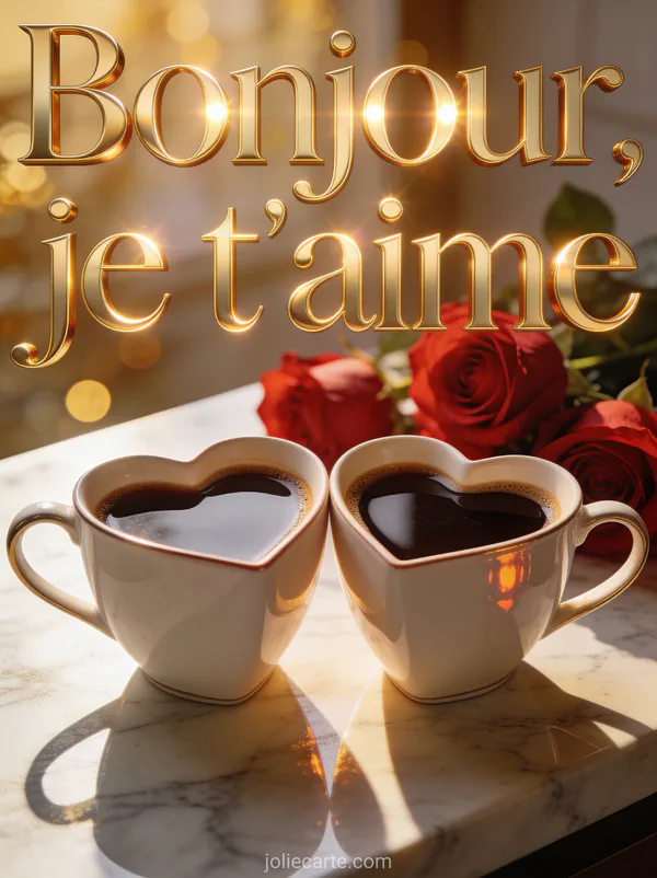 Deux tasses de café en forme de coeur sur un comptoir en marbre avec des roses rouges et un bokeh doré avec le texte Bonjour je t'aime