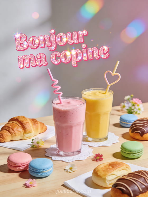 Deux smoothies colorés avec des pailles fantaisie sur une table de brunch avec des macarons et des viennoiseries et le texte Bonjour ma copine