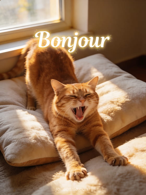 Chat roux qui s'étire avec les pattes allongées sur un coussin moelleux en bâillant dans la lumière dorée du matin avec le texte Bonjour