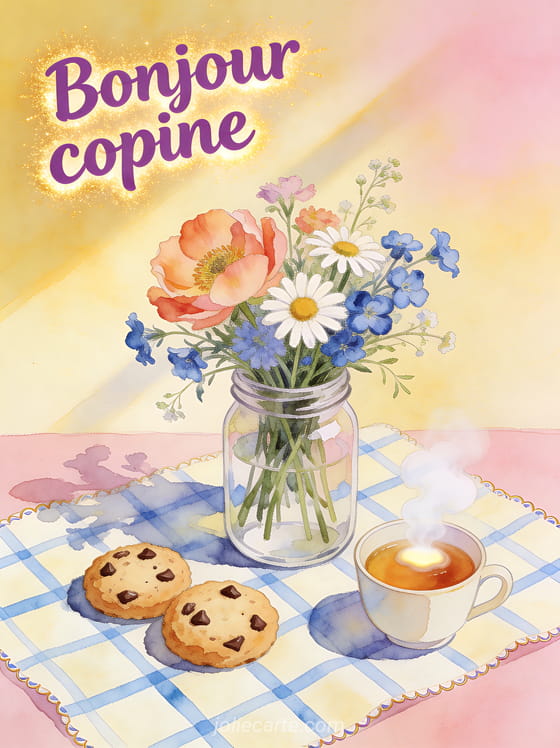 Bouquet de fleurs sauvages colorées dans un bocal en verre avec des petits gâteaux et une tasse de thé et le texte Bonjour copine