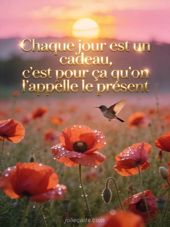 Lever de soleil rose et doré au-dessus d'un champ de coquelicots avec de la rosée scintillante et un petit oiseau en vol avec le texte Chaque jour est un cadeau