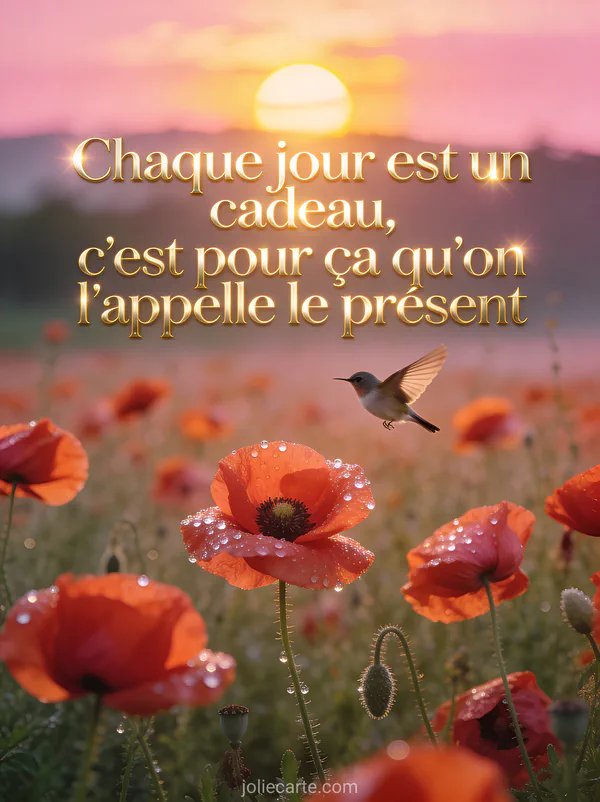 Lever de soleil rose et doré au-dessus d'un champ de coquelicots avec de la rosée scintillante et un petit oiseau en vol avec le texte Chaque jour est un cadeau