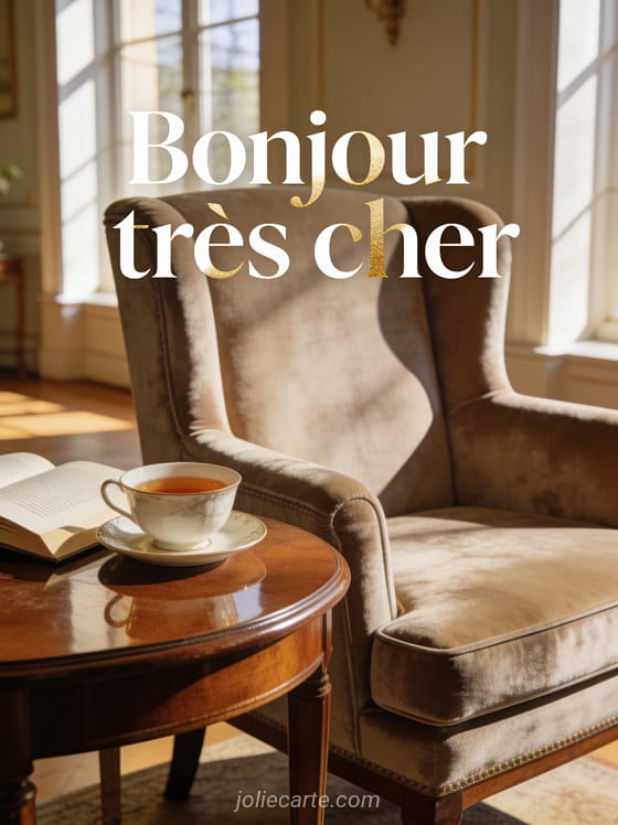 Salon élégant avec un fauteuil en velours une tasse de thé en porcelaine et un livre ouvert dans la lumière du matin avec le texte Bonjour très cher