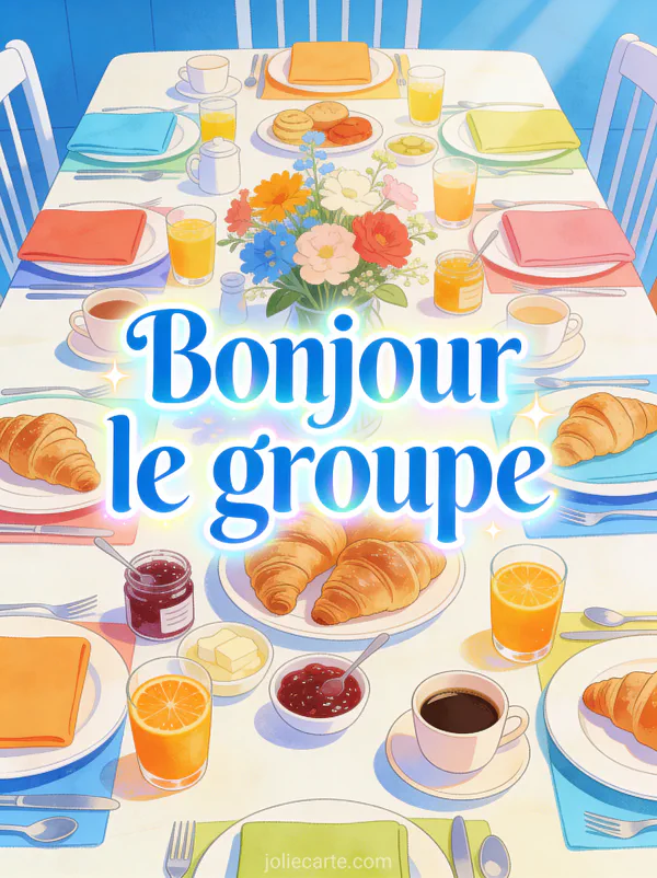 Grande table de petit-déjeuner avec des croissants confitures jus d'orange et café avec des fleurs fraîches et le texte Bonjour le groupe