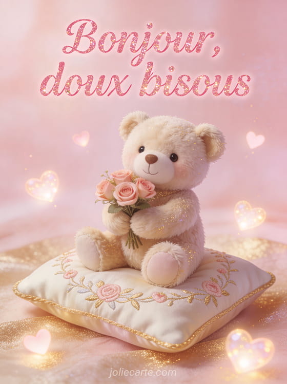 Nounours en peluche tenant un petit bouquet de roses sur un coussin brodé avec des coeurs lumineux et le texte Bonjour doux bisous