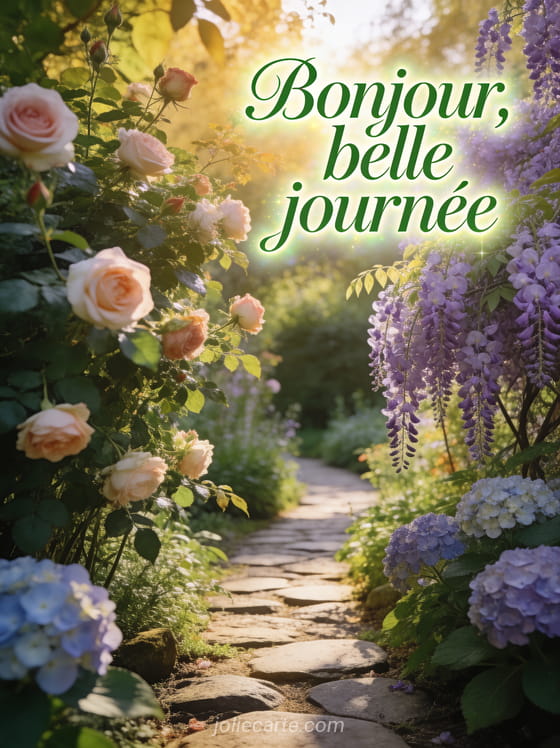 Jardin anglais luxuriant avec des roses anciennes glycines et hortensias et un petit chemin de pierre dans la lumière dorée avec le texte Bonjour belle journée