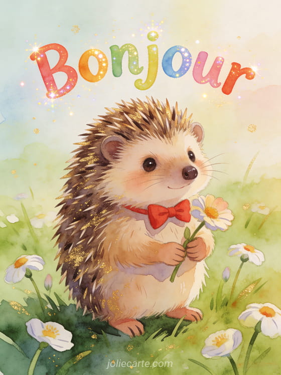 Petit hérisson avec un noeud papillon rouge tenant une fleur dans ses pattes dans une prairie verte avec des pâquerettes et le texte Bonjour